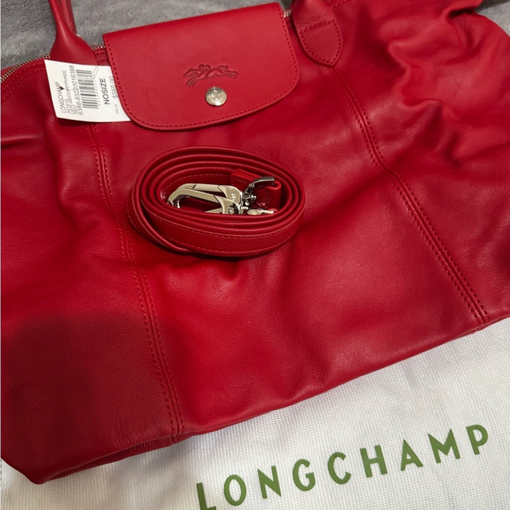 Longchamp Le Pliage Cuir - Cherry Red Leather Tote with Detachable Strap - NEW